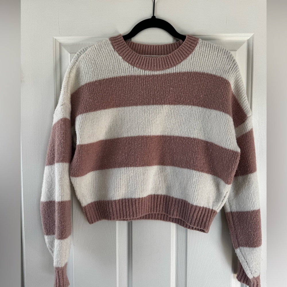 Hollister Pink and White Striped Crew Neck Sweater